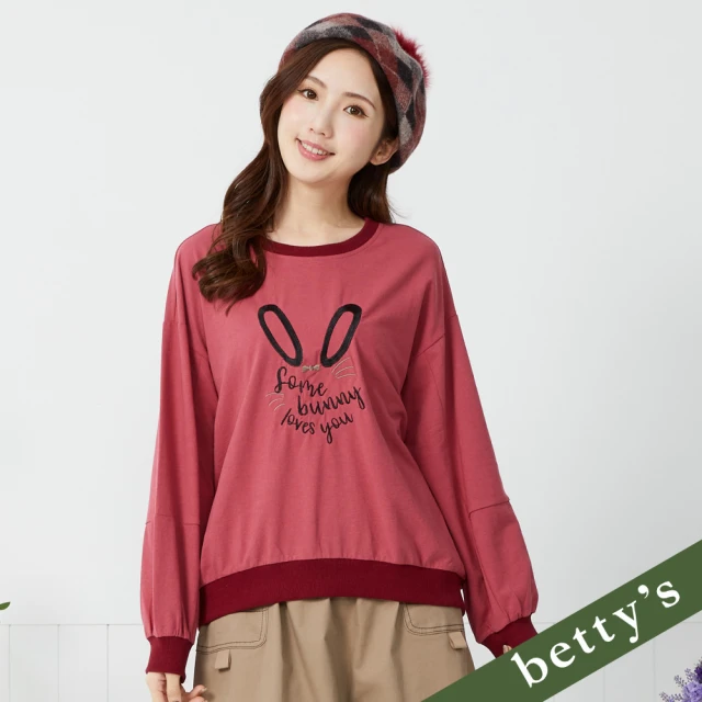 betty’s 貝蒂思 兔子繡字圓領長袖T-shirt(酒紅色)