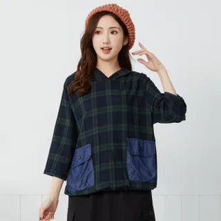 【betty’s 貝蒂思】牛仔口袋拼接格紋連帽七分袖上衣(綠色)