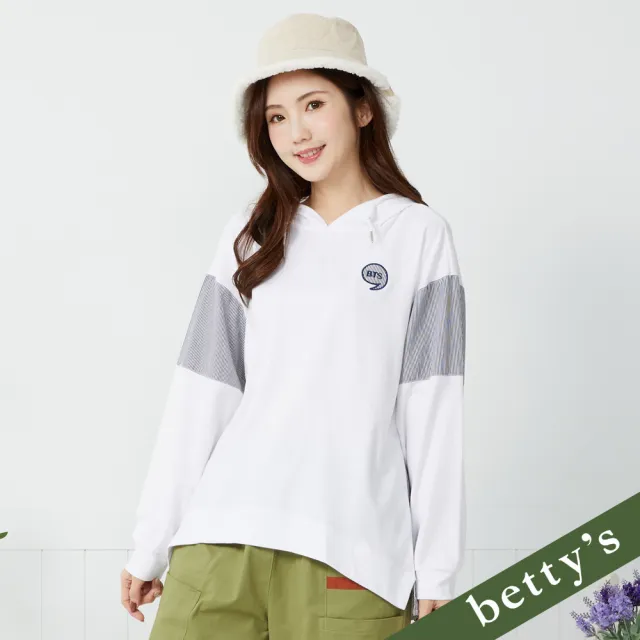【betty’s 貝蒂思】出清品  逗號刺繡條紋拼接連帽T-shirt(白色)