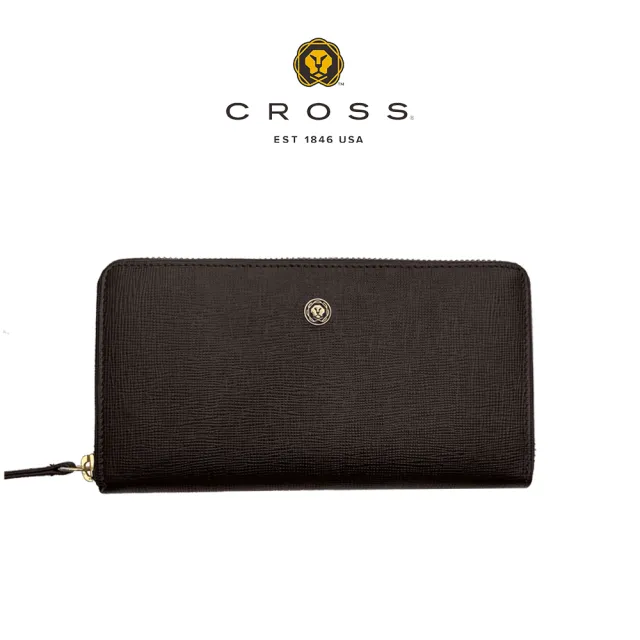 【CROSS】頂級小牛皮防刮十字紋拉鍊長夾 奧莉薇系列(咖啡色送禮盒提袋)