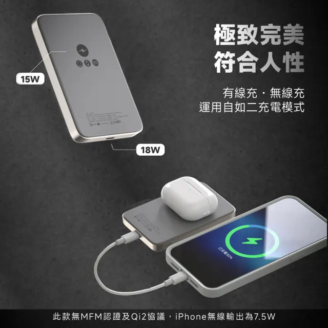 【KooPin】石墨烯散熱 薄型鋁合金 5000mAh 磁吸MagSafe三用快充行動電源(台灣製造)