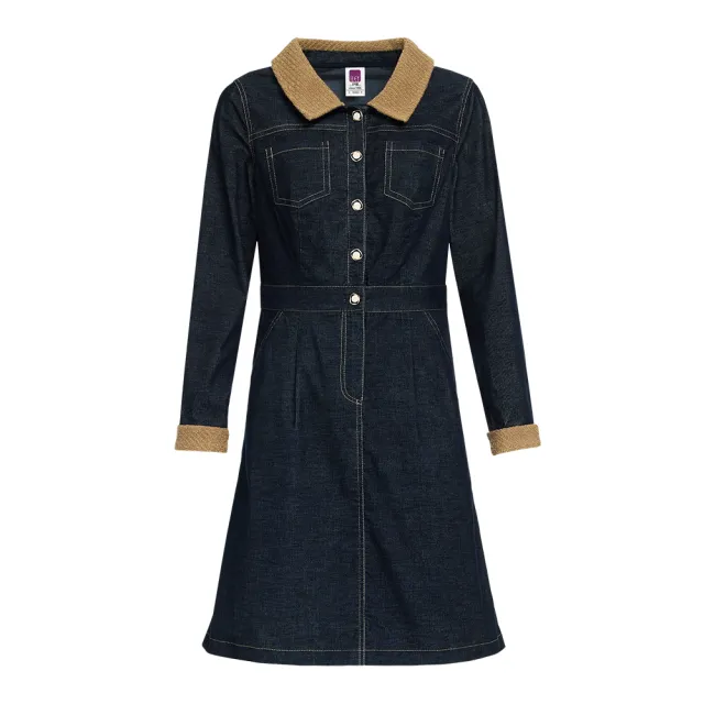 【ILEY 伊蕾】優雅拼接兔毛燈芯絨洋裝(深藍；M-XL；1244317041)