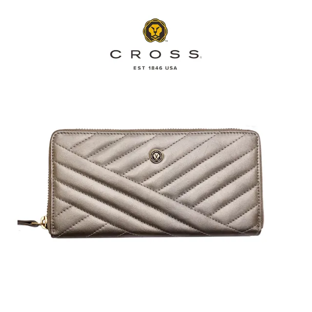 【CROSS】頂級小牛皮山形紋拉鍊長夾 莫妮卡系列(金屬金 送禮盒提袋)