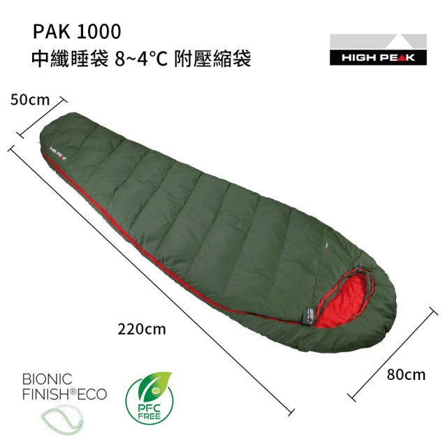 High Peak PAK 1000 中纖睡袋 8~4℃ 附壓縮袋 綠/紅(登山露營/睡袋/保暖/野營)