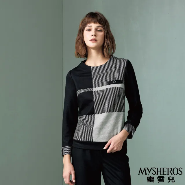 【MYSHEROS 蜜雪兒】刷毛造型上衣 斜線拼色 鈕釦飾假口袋(黑)