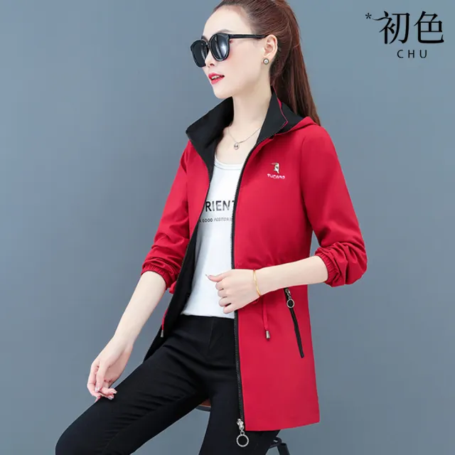 【初色】休閒簡約兩面可穿中長款可拆連帽防潑水風衣外套女外套-共3色-39148(M-4XL可選)