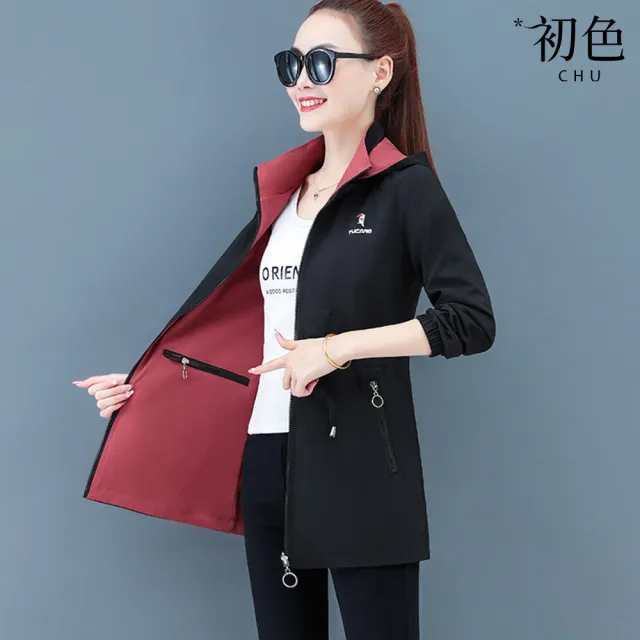【初色】休閒簡約兩面可穿中長款可拆連帽防潑水風衣外套女外套-共3色-39148(M-4XL可選)