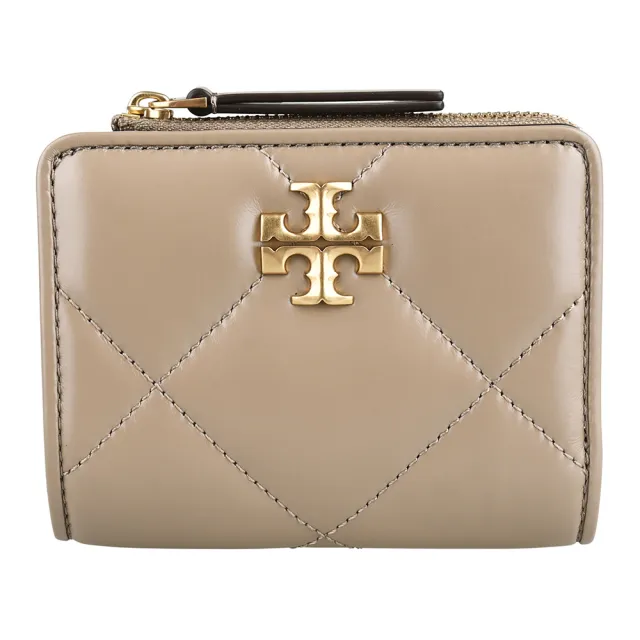【TORY BURCH】TORY BURCH Kira經典雙T標誌菱格絎縫納帕皮革扣式拉鍊零錢短夾(灰褐)