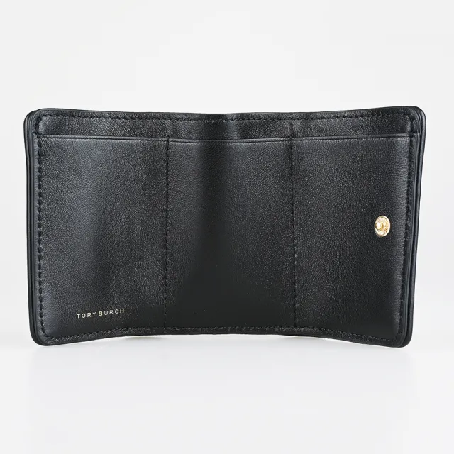 【TORY BURCH】TORY BURCH Fleming圓形浮雕雙T標誌菱格紋納帕皮革翻蓋扣式短夾(黑)