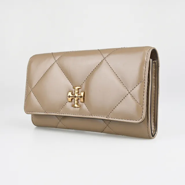 【TORY BURCH】TORY BURCH Kira經典雙T LOGO菱格絎縫皮革翻蓋磁吸扣式長夾(灰褐)
