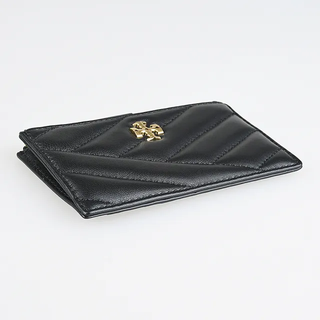 【TORY BURCH】TORY BURCH Kira古銅雙T字LOGO小牛皮斜紋設計4卡拉鍊零錢卡夾包(黑)