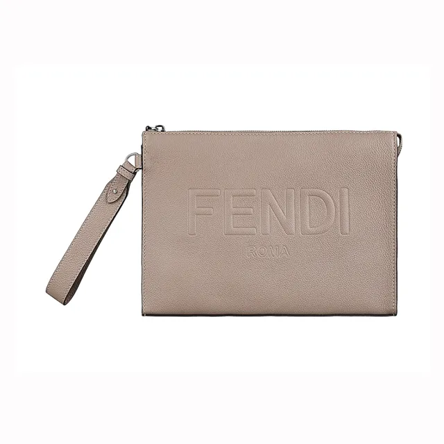 【FENDI 芬迪】FENDI ROMA壓印字母LOGO荔枝紋設計小牛皮6卡拉鍊手拿包(男款/黑香檳粉)