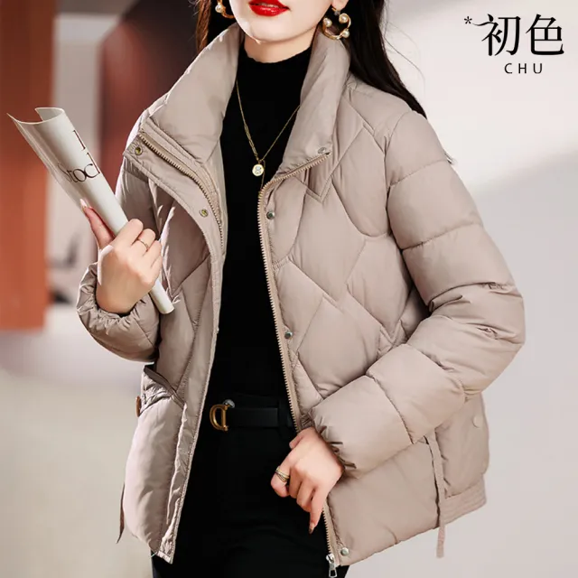 【初色】簡約純色短款立領寬鬆修身保暖加厚科技保暖纖維棉外套女外套-共4色-39128(M-2XL可選)