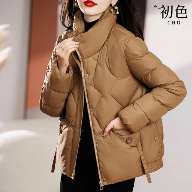 【初色】簡約純色短款立領寬鬆修身保暖加厚科技保暖纖維棉外套女外套-共4色-39128(M-2XL可選)（其他規格）