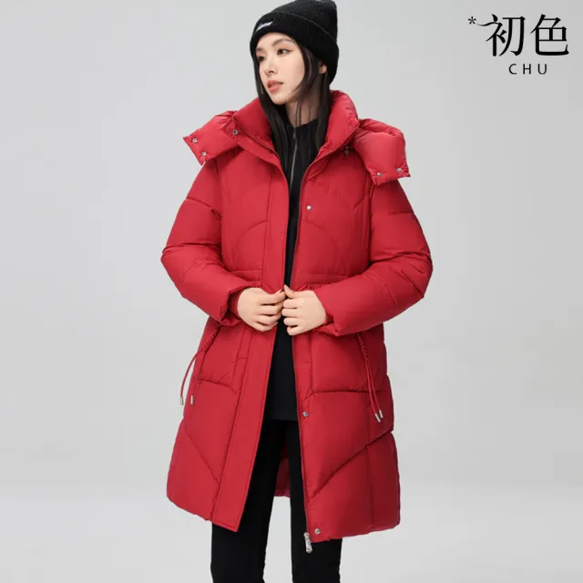 【初色】洋氣中長款純色拉鍊口袋立領長袖插肩袖連帽科技保暖纖維棉服外套女外套-共5色-39158(M-3XL可選)