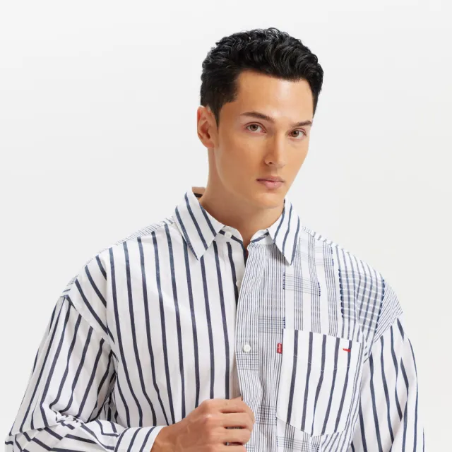 【LEVIS】長袖襯衫 牛津領 條紋襯衫 拼接襯衫 黑條紋 男款 上衣 熱賣單品 003MX-0001