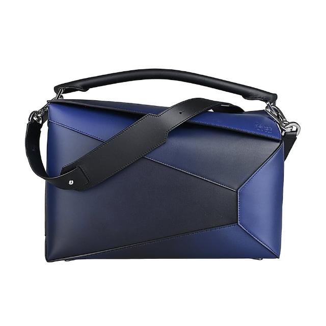 【LOEWE 羅威】LOEWE PUZZLE經典LOGO漸層設計滑面小牛皮拉鍊手提斜背包(大/海軍藍)