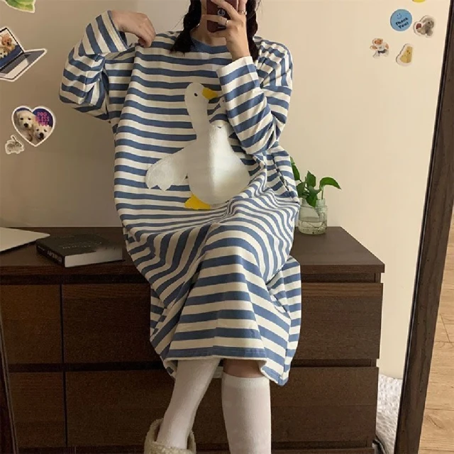藍尼居家 ★棉質條紋過膝睡裙(女睡衣/家居服/連身式)好評推