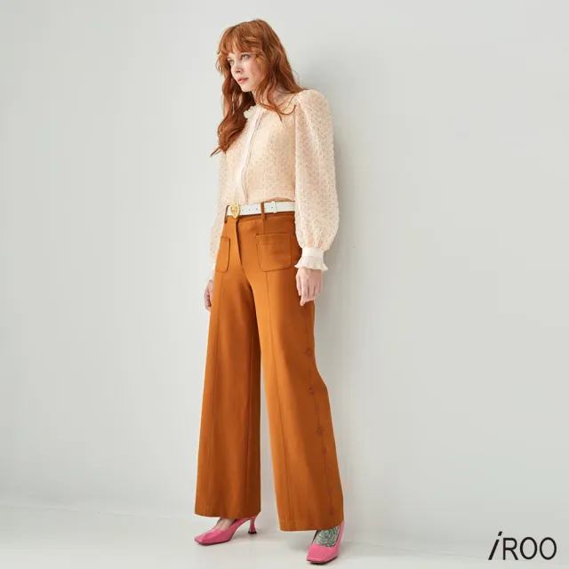 【iROO】繡花桃心花木棕寬褲