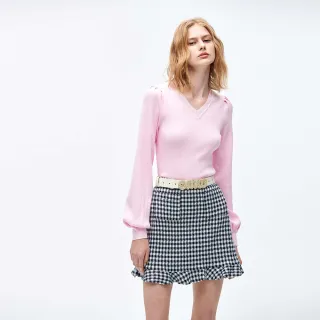 【iROO】棋盤藍格紋荷葉短裙