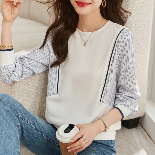 Very Buy 非常勸敗 預購/假兩件復古條紋棉質上衣女設