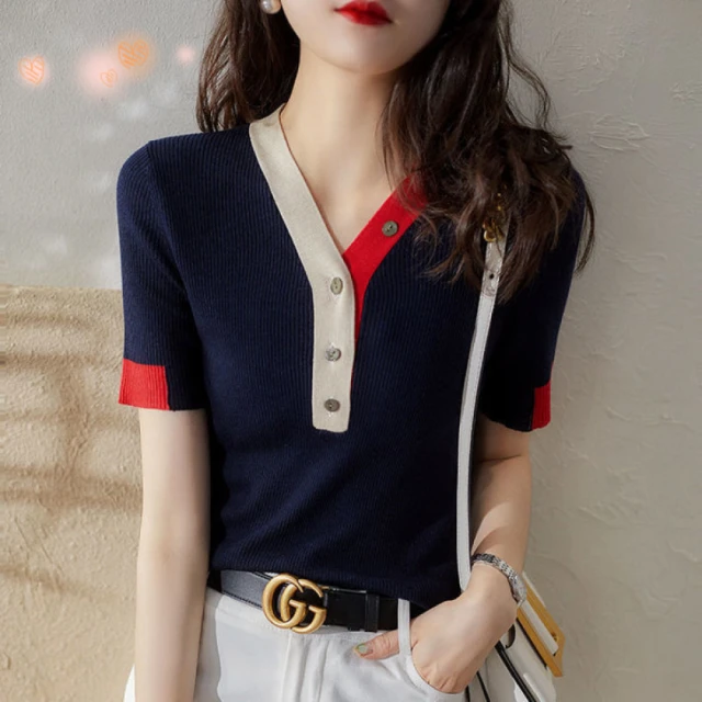 Very Buy 非常勸敗Very Buy 非常勸敗 預購/春夏V領短袖女羊毛衫寬鬆短款內搭上衣短袖針織衫薄款五分袖羊絨毛衣