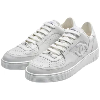【CHANEL 香奈兒】經典雙C LOGO小牛皮撞色鞋帶運動鞋(白色G45079-WHI)