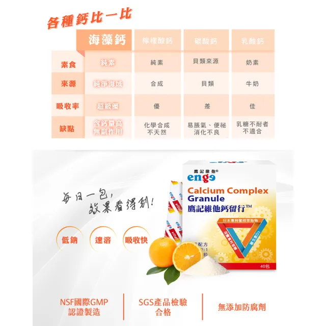 【enge鷹記維他】鈣留行3盒組(共120包/海藻鈣/海洋鎂/維生素D3/蜜柑萃取β-隱黃素/菊糖)