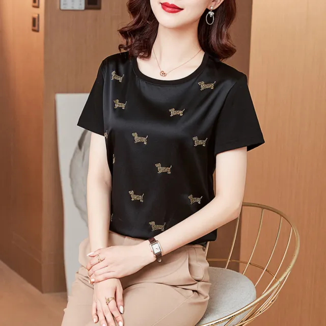【Very Buy 非常勸敗】預購/時尚燙鑽真絲上衣圓領寬鬆氣質短袖桑蠶絲T恤女內搭上衣