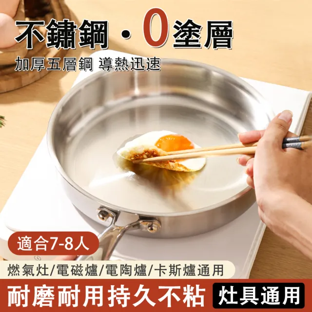 【巧可】316L不鏽鋼不粘加厚煎鍋 30cm無塗層平底鍋 燃氣電磁爐通用款炒鍋 帶蓋