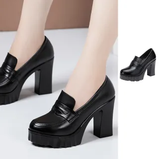 【Sp house】英倫都會真皮圓頭厚底大小碼粗高跟鞋(黑色)