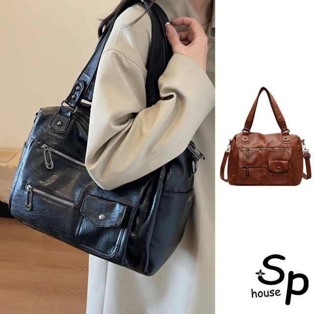 Sp house 復古色調歐美風多格大容量單肩側背包(2色可選)