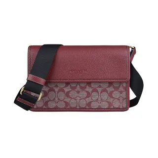 【COACH】COACH TURNER LOGO翻蓋釦式緹花織布拼牛皮斜背包(勃根地酒紅x酒紅)