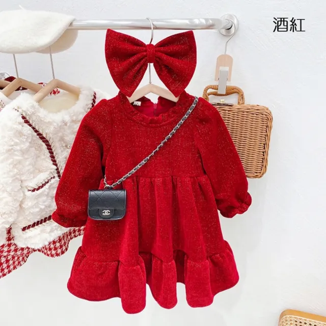 【橘魔法】閃閃花邊領細刷絨長袖洋裝 附蝴蝶結髮圈 連衣裙 連身裙 大紅 過年 喜宴 新年 女童 兒童 童裝