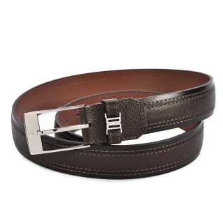 【DAKS】經典雙D LOGO縫線設計皮革穿式皮帶(焦糖色)