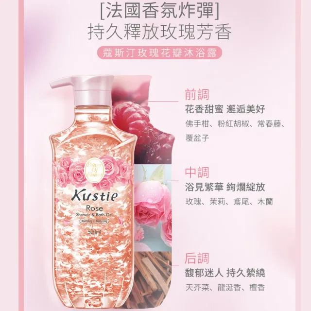 【Kustie蔻斯汀】玫瑰花瓣沐浴露 500ml(全球首創真花瓣沐浴)