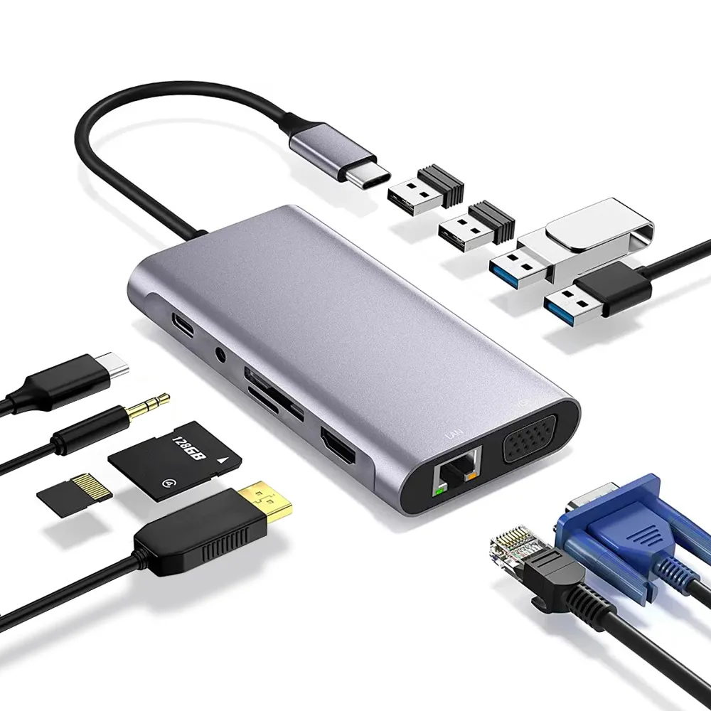 【ZA喆安】11合1 USB Type-C HUB轉接集線器(支援Type-C HDMI/VGA投影/充電/傳輸/記憶讀卡/RJ45網路/耳機)