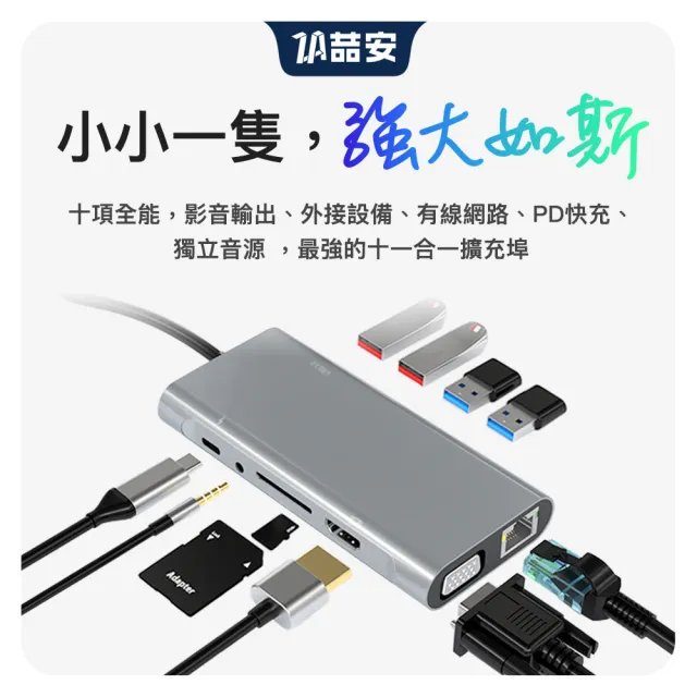 【ZA喆安】11合1 USB Type-C HUB轉接集線器(支援Type-C HDMI/VGA投影/充電/傳輸/記憶讀卡/RJ45網路/耳機)