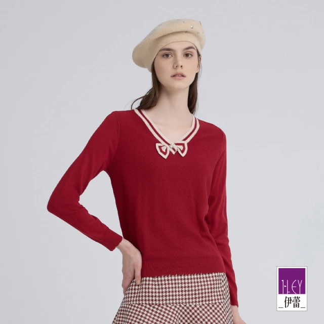 ILEY 伊蕾ILEY 伊蕾 蝴蝶結Y字領羊毛針織上衣(紅；M-2L；1244175007)