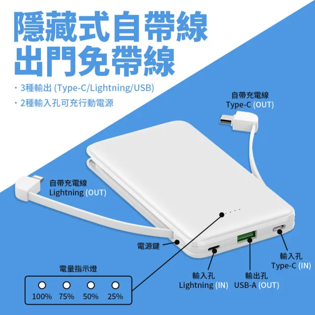 【PacezRainbow】10000mAh自帶線行動電源(自帶雙線Lightning及Type-C 充電線)
