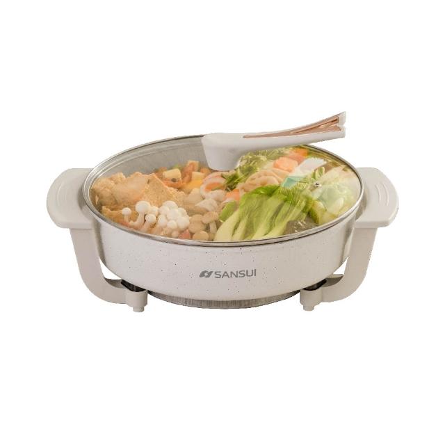 SANSUI山水 SHP-W05 電火鍋，採用陶瓷內鍋材質，容量達5人份，適閤家庭或小型聚會使用。尺寸382*300*220mm，重量僅2KG，輕巧易收納。支援110V/60Hz電壓，消耗功率1000~1100W，煮食快速均勻。中國製造，保固1年，並具BSMI許可字號R51434，安全可靠。白色系設計簡約大方，配件齊全，讓您輕鬆享受熱騰騰的火鍋饗宴！