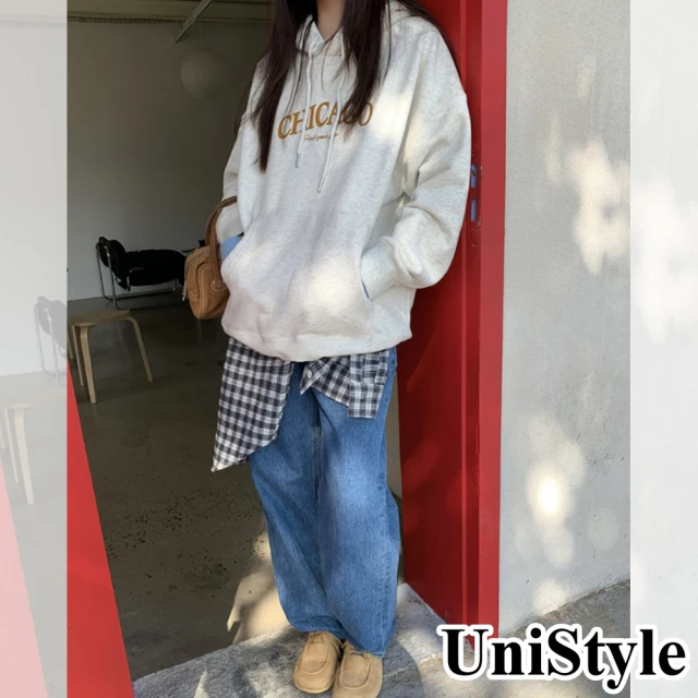 UniStyle 長袖連帽T恤 韓版撞色字母刺繡磨毛一體絨上衣 女 UP2019(淺白灰)