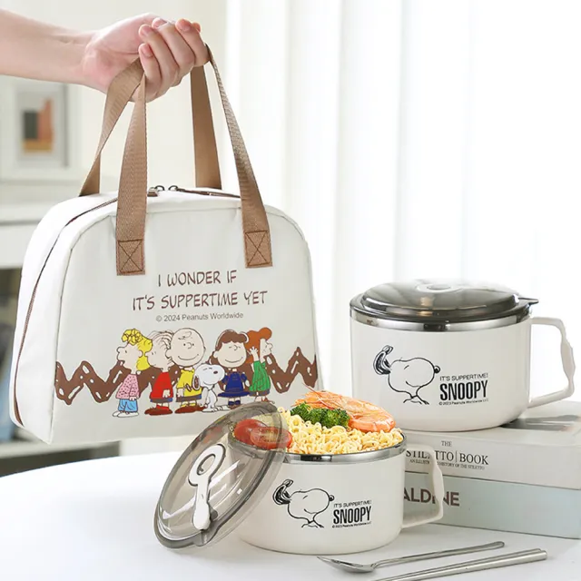 【優貝選】SNOOPY 史努比大容量多用途不鏽鋼快餐碗+餐具+便當袋套組(平輸品)