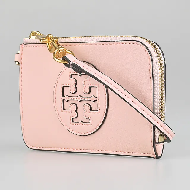 【TORY BURCH】TORY BURCH Ella Bio圓形皮標LOGO牛皮4卡拉鍊腕帶卡夾零錢包(腮粉紅)