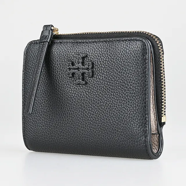 【TORY BURCH】TORY BURCH Mcgraw皮革雙T字LOGO荔枝紋小牛皮內外撞色設計6卡壓釦式拉鍊零錢短夾(黑)