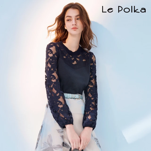 Le Polka 優雅透膚蕾絲剪接長袖上衣-女