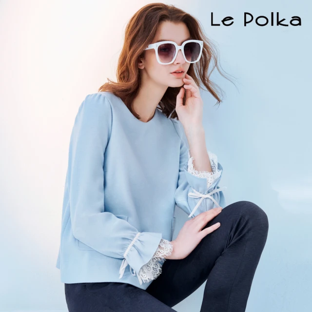 Le Polka 圓領雙貼袋荷葉蕾絲袖上衣-女