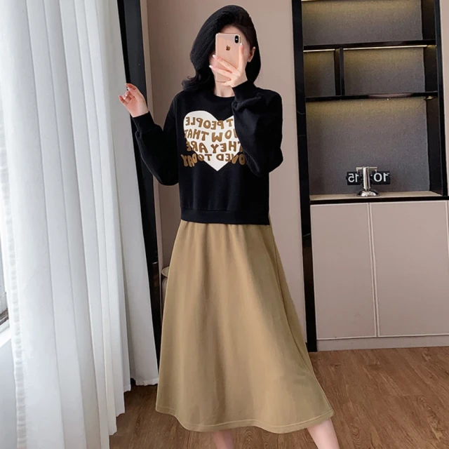 米蘭精品 洋裝長袖連身裙(假兩件拼接衛衣休閑百搭連身女裙子7