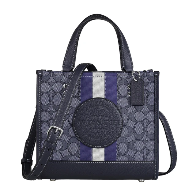 COACH COACH DEMPSEY TOTE 22 LOGO吸釦式帆布拼牛皮手提斜背托特包(午夜藍x寶藍x白)