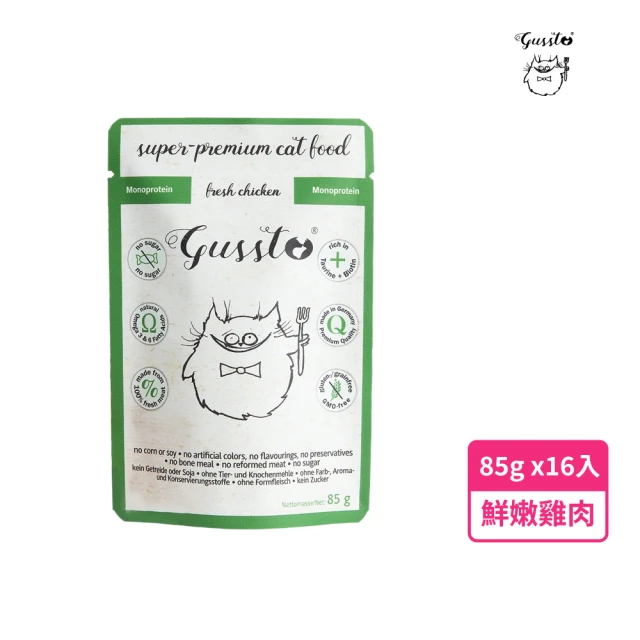 GUSSTO 惡魔喵 單一肉源 無穀貓主食餐包 鮮嫩雞肉85g 16入(鮮肉製成、不含麩質、雙倍牛磺酸)